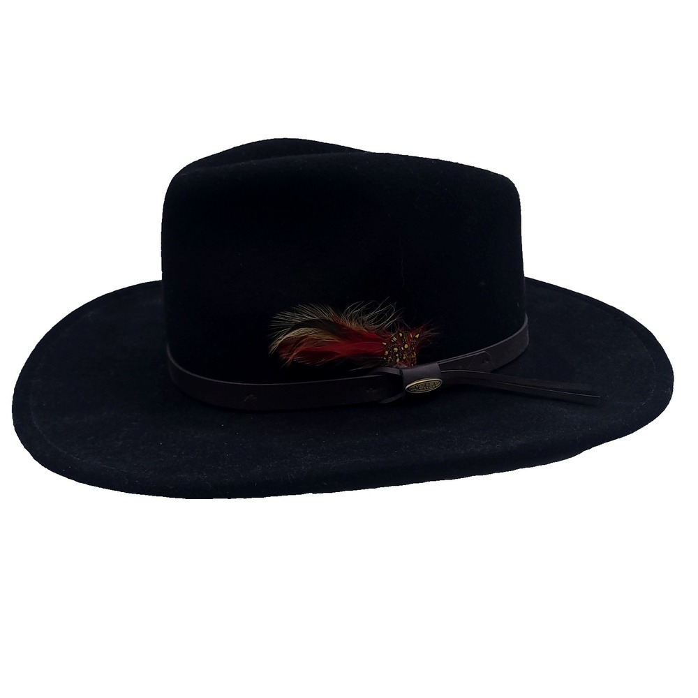 Scala Classico Outback Hat Mens Small Black Wool Felt Feather Band Western